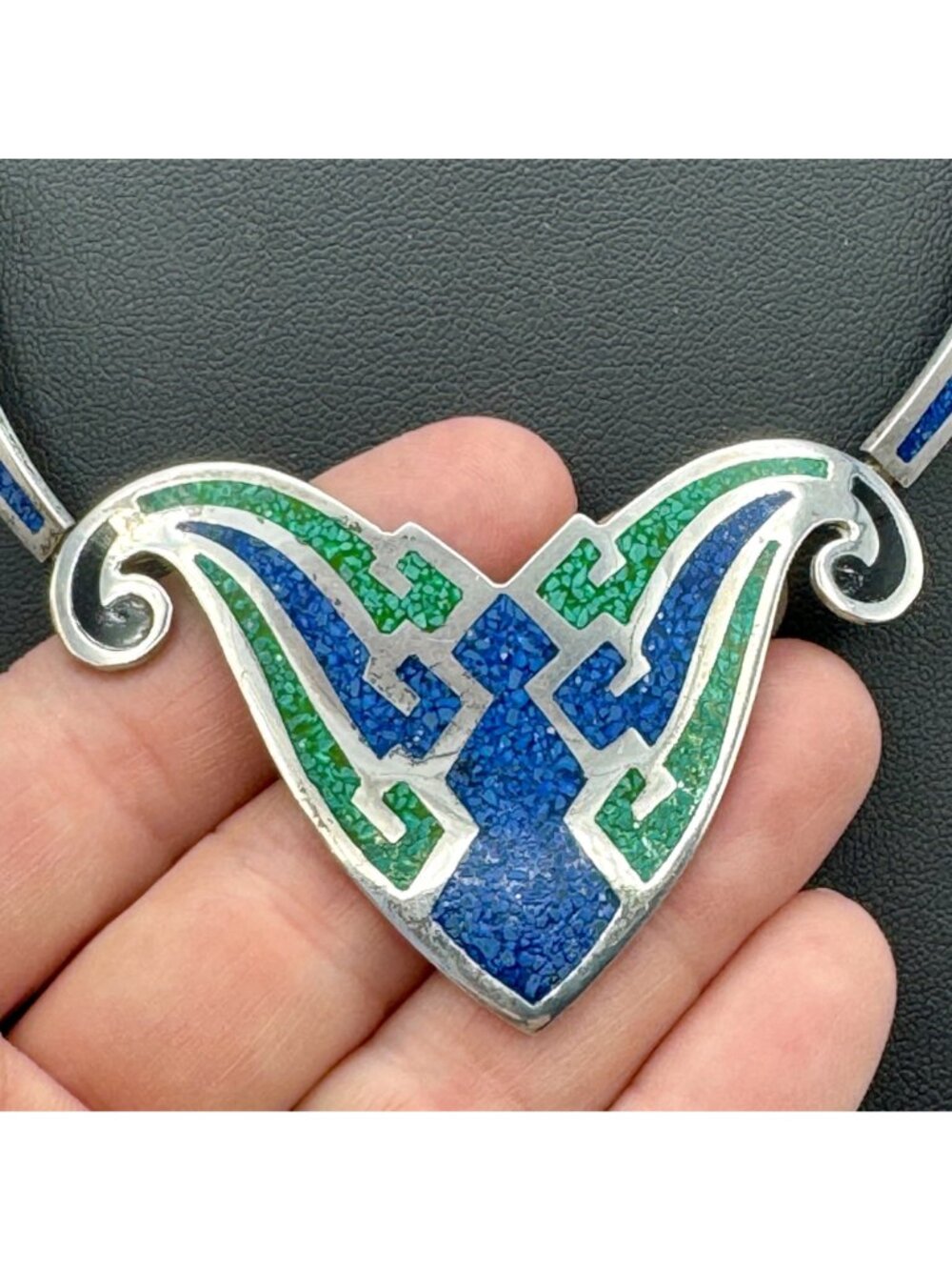 Vintage Taxco Butterfly Necklace Blue Green 925 Art Deco Statement 44g TC-112 - Picture 4 of 10